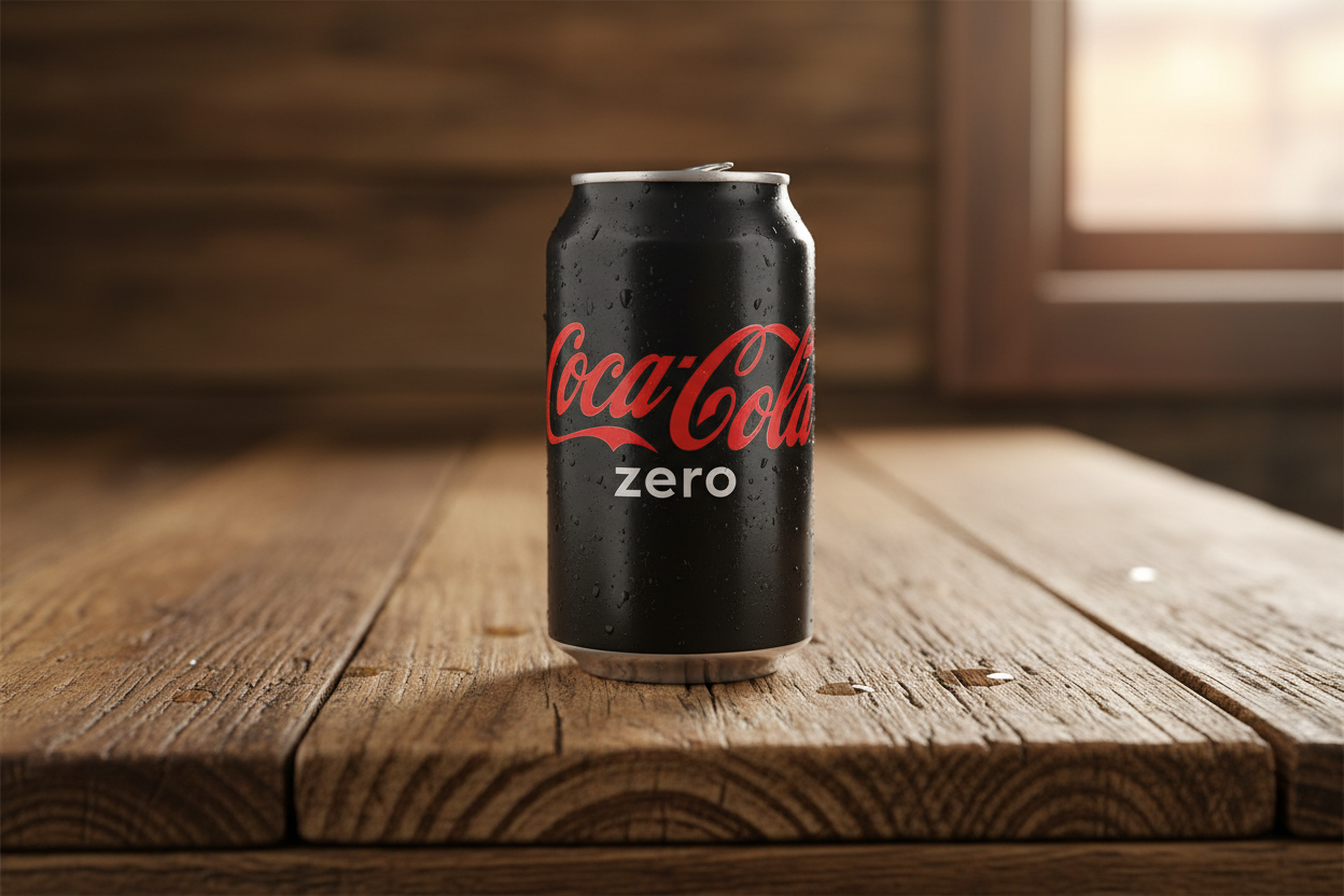 make one picture of coca cola zero can with same woden background